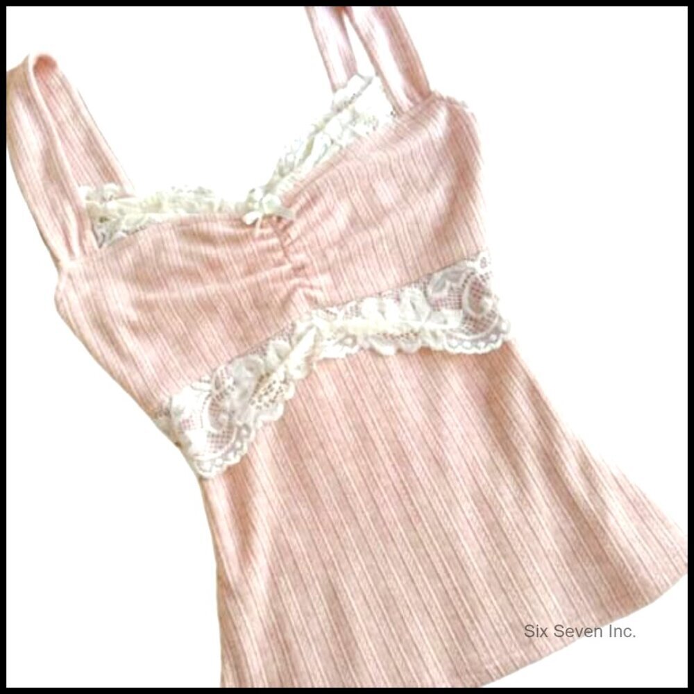 Fairy Grunge Tank Top Lace Trim Slim Fit Y2K Vintage Coquette Chic - Picture 3 of 3